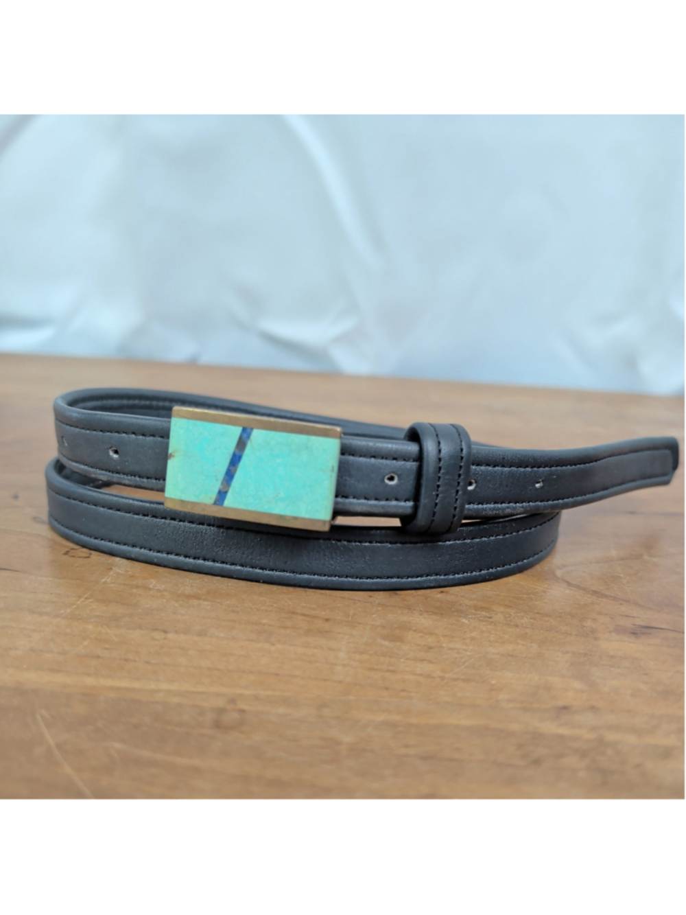 Vintage Leather Skinny Belt with signed inlaid bucked 34